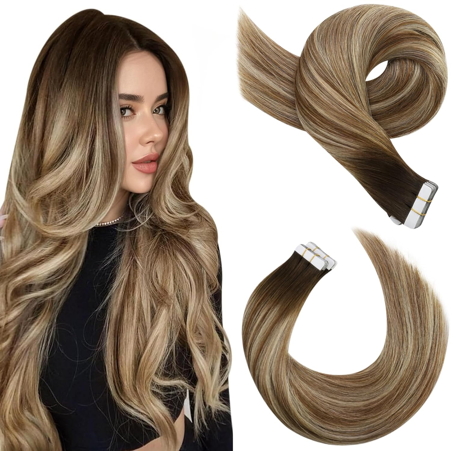 Moresoo Balayage Hair Extensions Tape in Real Human Hair Tape in Extensions Ombre Dark Brown to Medium Brown Mix with Blonde Tape in Hair Extensions Human Hair 20 Inch #4/6/613 20pcs 50g