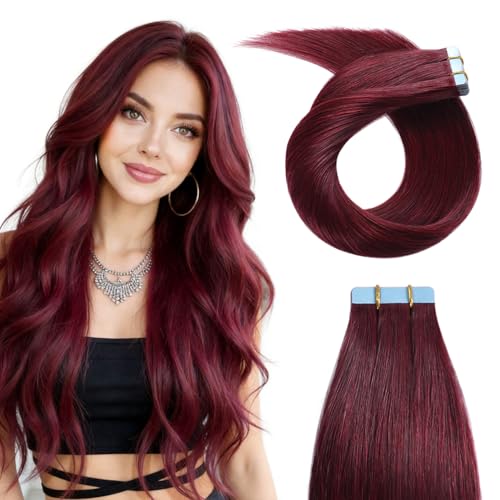 YILITE Burgundy Tape in Hair Extensions Human Hair,24inch 50g 20Pcs Red Tape in Hair Extensions Remy Human Hair,Seamless Skin Weft 99J Tape ins(24inch 99J)
