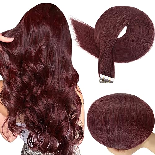 Full Shine Tape in Extensions 18 Inch Wine Red Tape in Hair Extensions Human Hair Burgundy Human Hair Extensions Tape ins 50 Gram Seamless Skin Weft Hair Extension 20 Pcs Double Sided Tapes