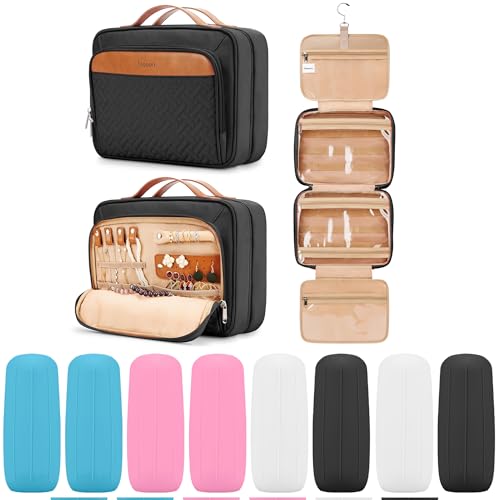 Travel Hanging Toiletry Bag for Women, Large Makeup Bag 8 Leak Proofing Silicone Bottle Covers, Waterproof Cosmetic Bag with Jewelry Organizer Compartment, Toiletries Kit Set, Black
