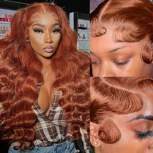 200 Density 13x6 Reddish Brown Lace Front Wigs Human Hair Pre Plucked 13x6 HD Transparent Body Wave Lace Front Wigs With Baby Hair Ginger #33 Colored Human Hair Wig For Women (22 Inch)