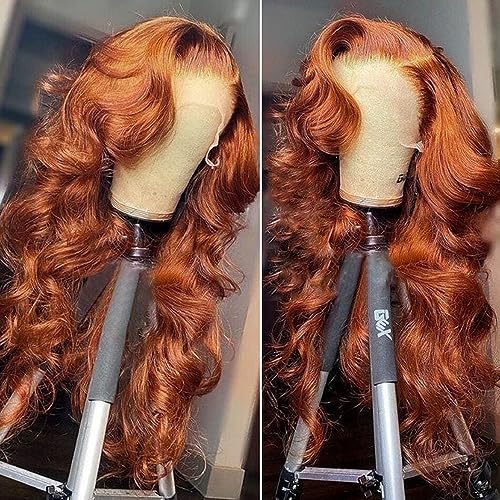 200 Density 13x6 Reddish Brown Lace Front Wigs Human Hair Pre Plucked 13x6 HD Transparent Body Wave Lace Front Wigs Human Hair With Baby Hair Ginger #33 Colored Human Hair Wig For Women (20 Inch)