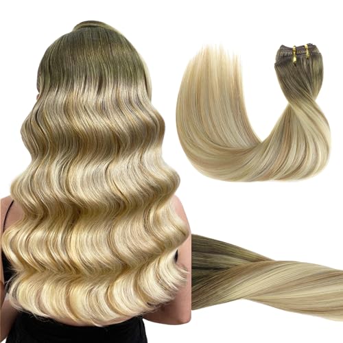 GOO GOO Clip in Hair Extensions Real Human Hair, Remy Human Hair Extensions Clip ins for Women, Natural Human Hair, 16inch 120g 7Pcs, 5A/90/16F Bahamian Balayage