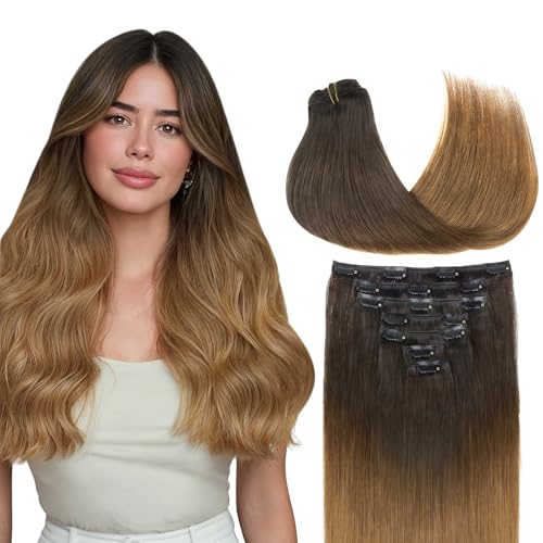 GOO GOO Clip in Hair Extensions Real Human Hair, Remy Human Hair Extensions Clip ins for Women, Natural Human Hair, 18inch 120g 7Pcs, 1D/2C/4E Chocolate Dip Color Melt