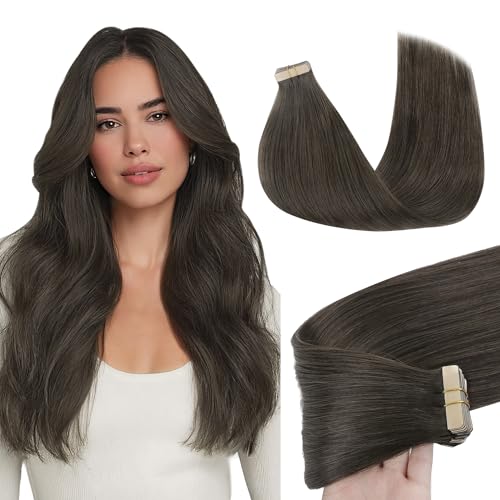 GOO GOO Tape in Hair Extensions Human Hair, 1C Mocha Brown, 18inch 50g 20pcs, Skin Weft Seamless Invisible, Silky Straight with Thick Ends, Remy Human Hair