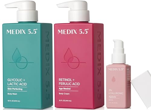 Medix 5.5 Anti Aging Skin Care 3PC Set | Retinol Body Cream + Exfoliating AHA Glycolic Acid Foaming Face Wash & Hyaluronic Acid Serum Booster, Cleanse + Treat + Hydrate Skincare Set, 3PC