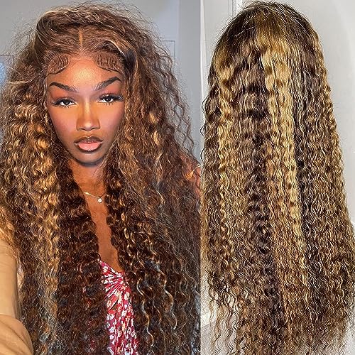 bangjazz 28 Inch Deep Wave Lace Front Wigs Human Hair 180% Density Highlight Ombre 13x4 Lace Frontal Wigs Human Hair HD Lace P4/27 Wigs for Black Women Human Hair Pre Plucked Curly Lace Front Wig