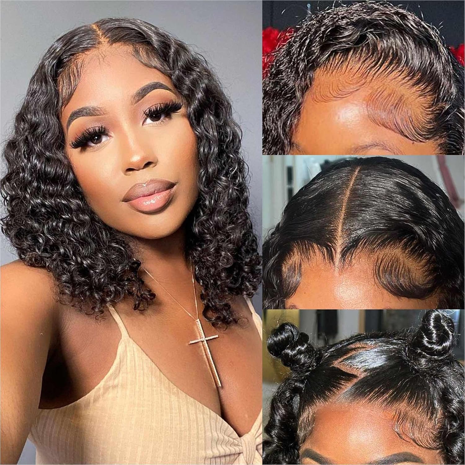 Curly BOB Wig Human Hair 200 Denaity 13x6 HD Lace Front Deep Wave Wigs for Black Women Glueless Wear and Go Pre Plucked Deep Wave Wet and Wavy Glueless Wigs Human Hair Natural Color 14 Inch