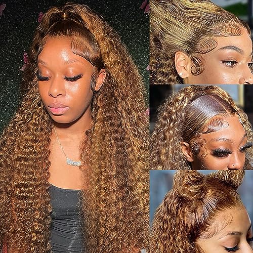 bangjazz 26 Inch Highlight Ombre Lace Front Wig Human Hair Deep Wave 13x4 HD Lace Frontal Wigs Human Hair 180% Density P4/27 Colored Curly Wigs for Women Glueless Pre Plucked Wig