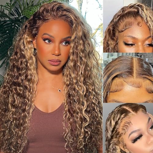 Ombre Honey Blonde 13x6 HD Transparent Water Wave Lace Front Human Hair Wigs for Women 180% Density 4/27 Colored Highlight Curly Glueless Wigs 20Inch Pre Plucked with Baby Hair