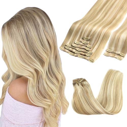 GOO GOO Clip in Hair Extensions Real Human Hair, Remy Human Hair Extensions Clip ins for Women, Natural Human Hair, 16inch 150g 9Pcs, 18A/613A Dark Blonde Highlighted Bleach Blonde