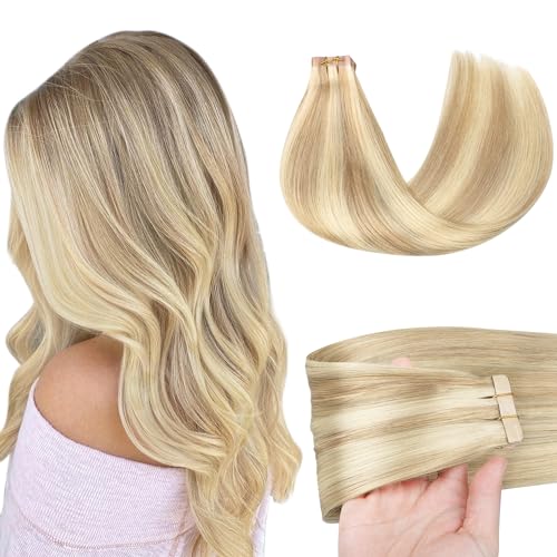 GOO GOO Tape in Hair Extensions Human Hair, 18A/613A Dark Blonde Highlighted Bleach Blonde, 18inch 50g 20pcs, Skin Weft Seamless Invisible, Silky Straight with Thick Ends, Remy Human Hair