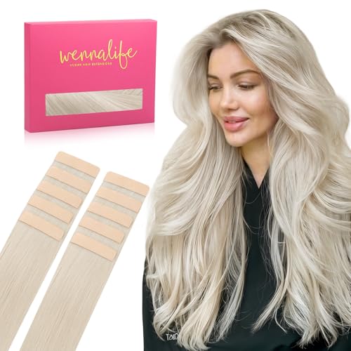 WENNALIFE Tape in Hair Extensions Human Hair Platinum Blonde Tape in Extensions, 10pcs 30g 24 inch Remy Invisible Tape Ins Straight Soft Real Human Hair Tape in Extensions Refill Set Extensions