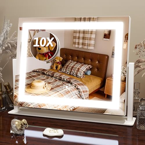 FENNIO Vanity Mirror with Lights, 12" x 16" Lighted Makeup Mirror with Smart Touch Control, 3 Color Modes & Brightness Adjustable, LED Makeup Mirror with 10X Magnification, 360 Rotation for Bedroom