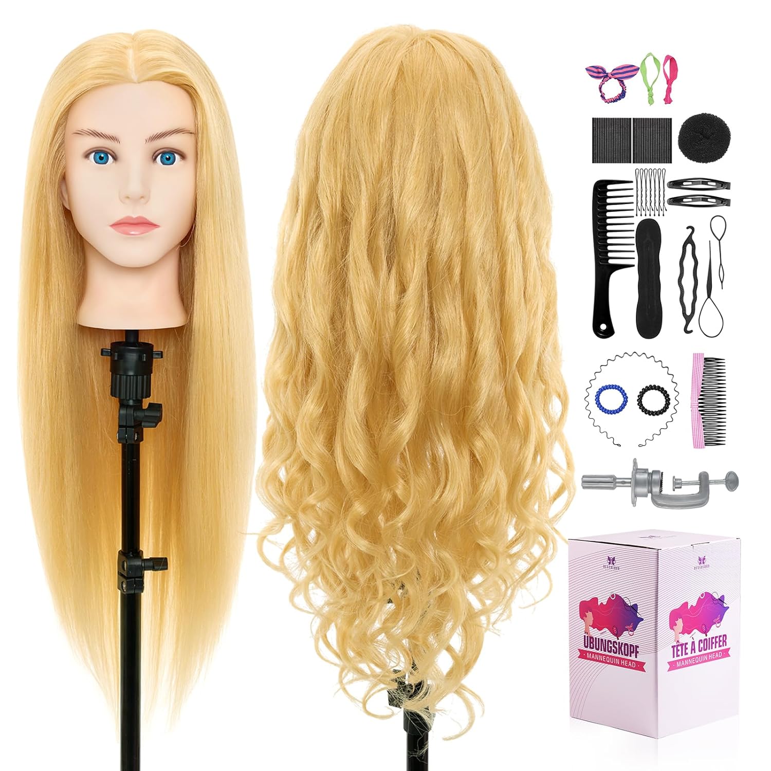 26 Inch Mannequin Head with Human Hair 80% - Real Hair Cosmetology Mannequin Hairdressing Doll Blonde Traingning Practice Styling Head with table clamp + Hairdressing Tools Accessories Set