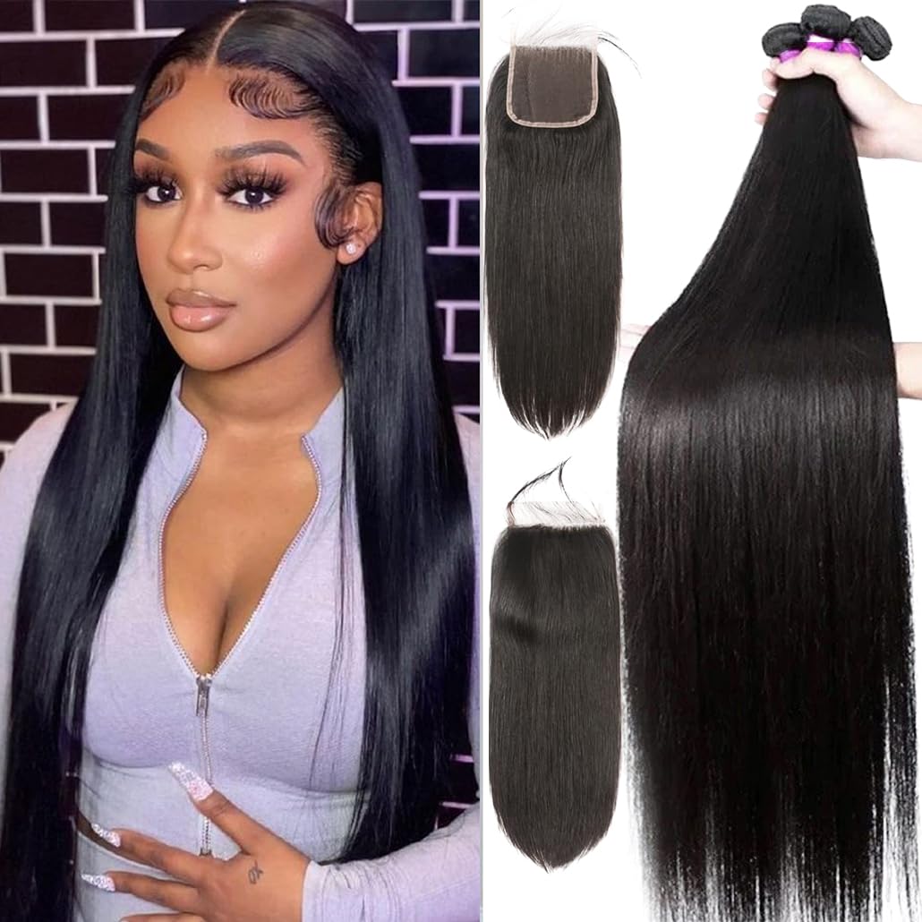 12A Straight Bundles with Closure Human Hair(14 16 18+12) Brazilian Human Hair Bundles with Closure 100% Unprocessed Virgin Quick Weave 3 Hair Bundles with 4x4 Free Part HD Lace Closure.