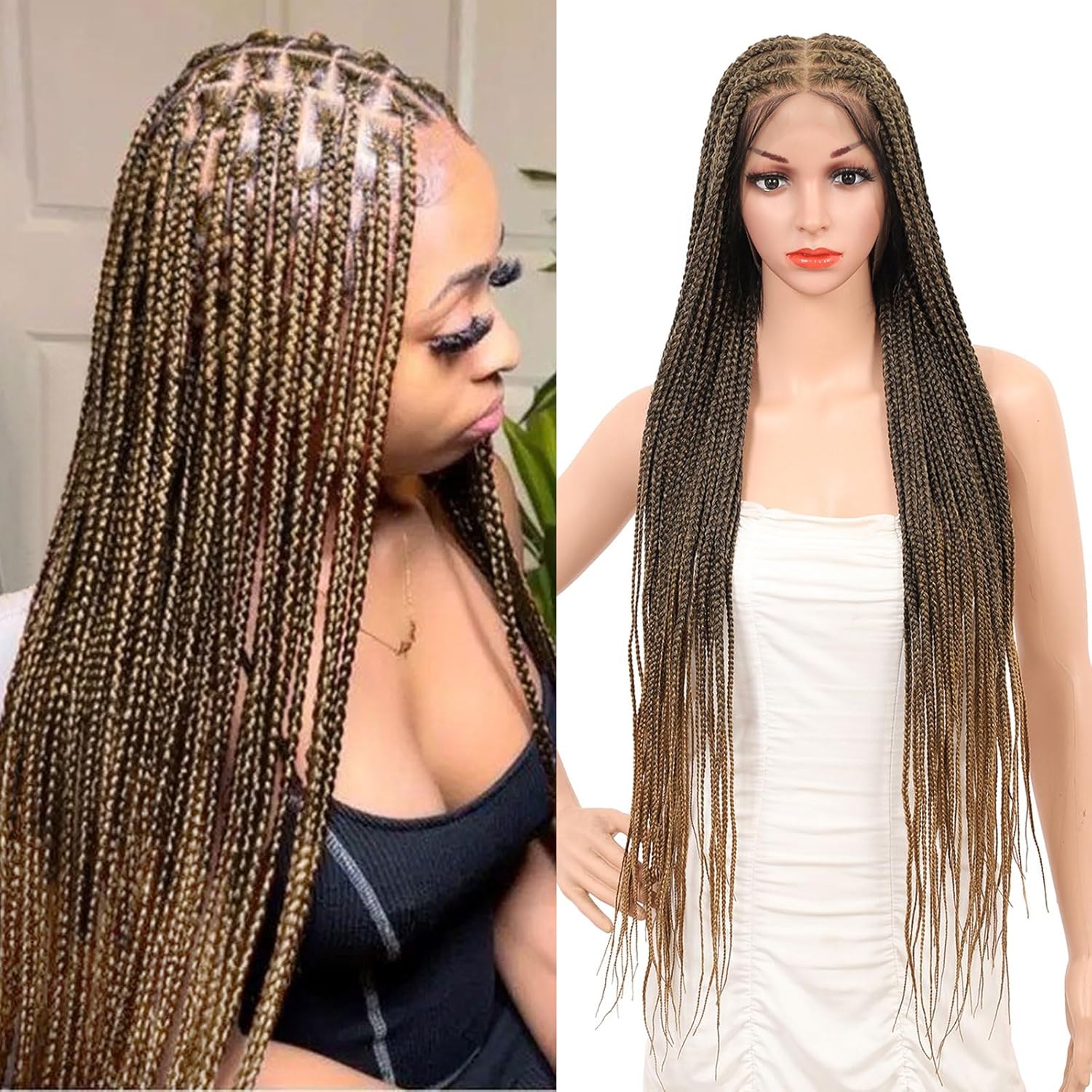 Brinbea 360 HD Lace Knotless Braided Wigs for Women Box Braid Wig with Baby Hair Premium Synthetic Braided Lace Front Wigs Light Brown 36 inch