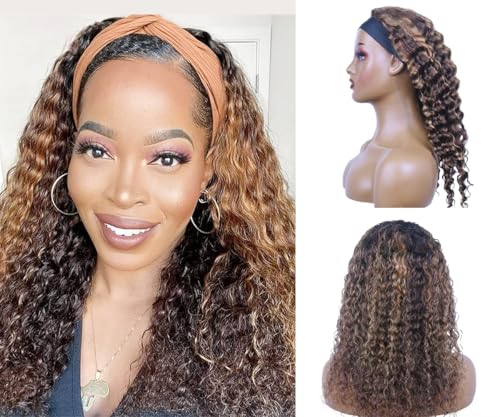 WENYAN Ombre Headband Wig Human Hair Deep Wave 18 Inch #4/27 Highlight Curly Headband Wigs for Black Women Human Hair Glueless None Lace Front Wig Brazilian Virgin Hair Wear and Go Wigs 150% Densitys