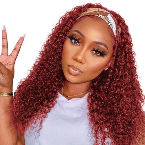WENYAN 99J Burgundy Headband Wig Human Hair Deep Wave 16 Inch Red Colored Curly Headband Wigs for Black Women Human Hair Glueless None Lace Front Wigs Brazilian Virgin Hair Wig 150% Densitys
