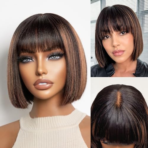 LUVME HAIR 10 Inch Yaki Straight Bob Wig with Bangs Human Hair Glueless HD Lace Bob Wig with Brown Highlights, Ready to Go Short Wigs For Women 180 Density (Breathable Cap)
