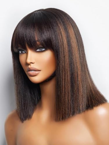 LUVME HAIR 14 Inch Yaki Straight Bob Wig with Bangs Human Hair Glueless HD Lace Bob Wig with Brown Highlights, Ready to Go Short Wigs For Women 180 Density Breathable Cap