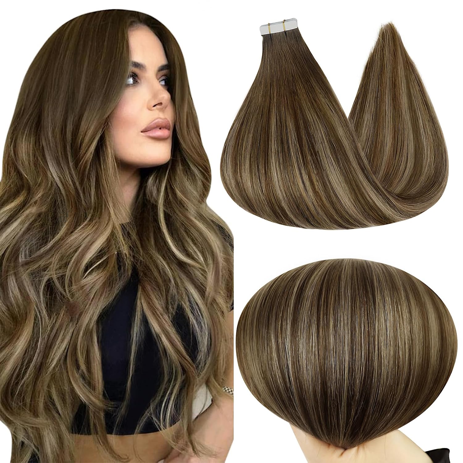 Full Shine Tape In Hair Extensions Human Hair 24Inch Tape in Hair Extensions Real Hair 4 Brown Fading to 24 Blonde and 4 Seamless Hair Extensions Tape In Skin Weft Remy Hair Extensions 50G 20Pcs