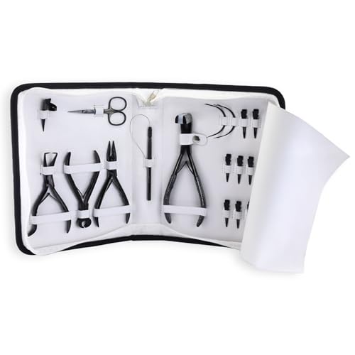 My Hair Tools Hair Extension Tools Kit  Tape-in Press Plier, Keratin Bond Cutter, 3 Hole Nano & Micro Beads Crimping & Remover Pliers, Hair Parting Tool, Mini Scissor, 12pcs Clips & Needles (Black)