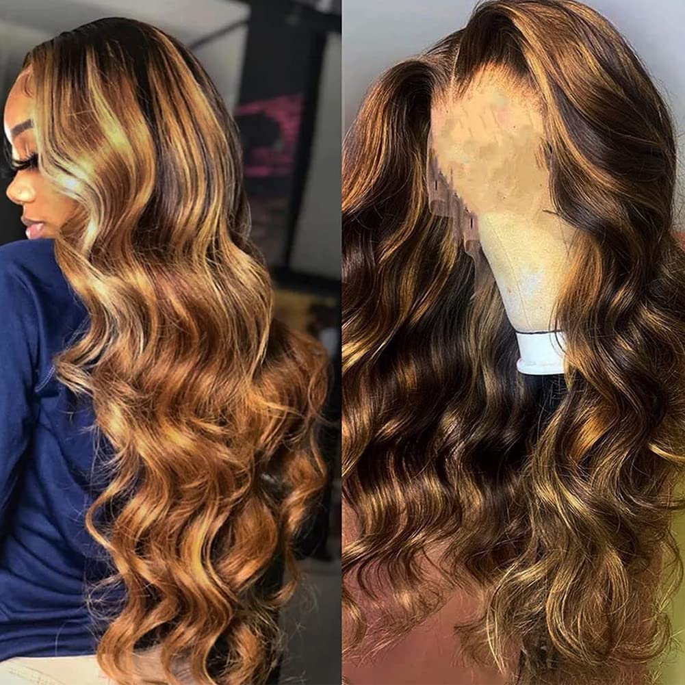 SENSAIRUITE Highlight Ombre Lace Front Wigs Human Hair Pre Plucked 13x4 Body Wave Frontal Wigs Human Hair 180% Density 4/27 Colored Honey Blonde Lace Front Wig for Women 20 Inch