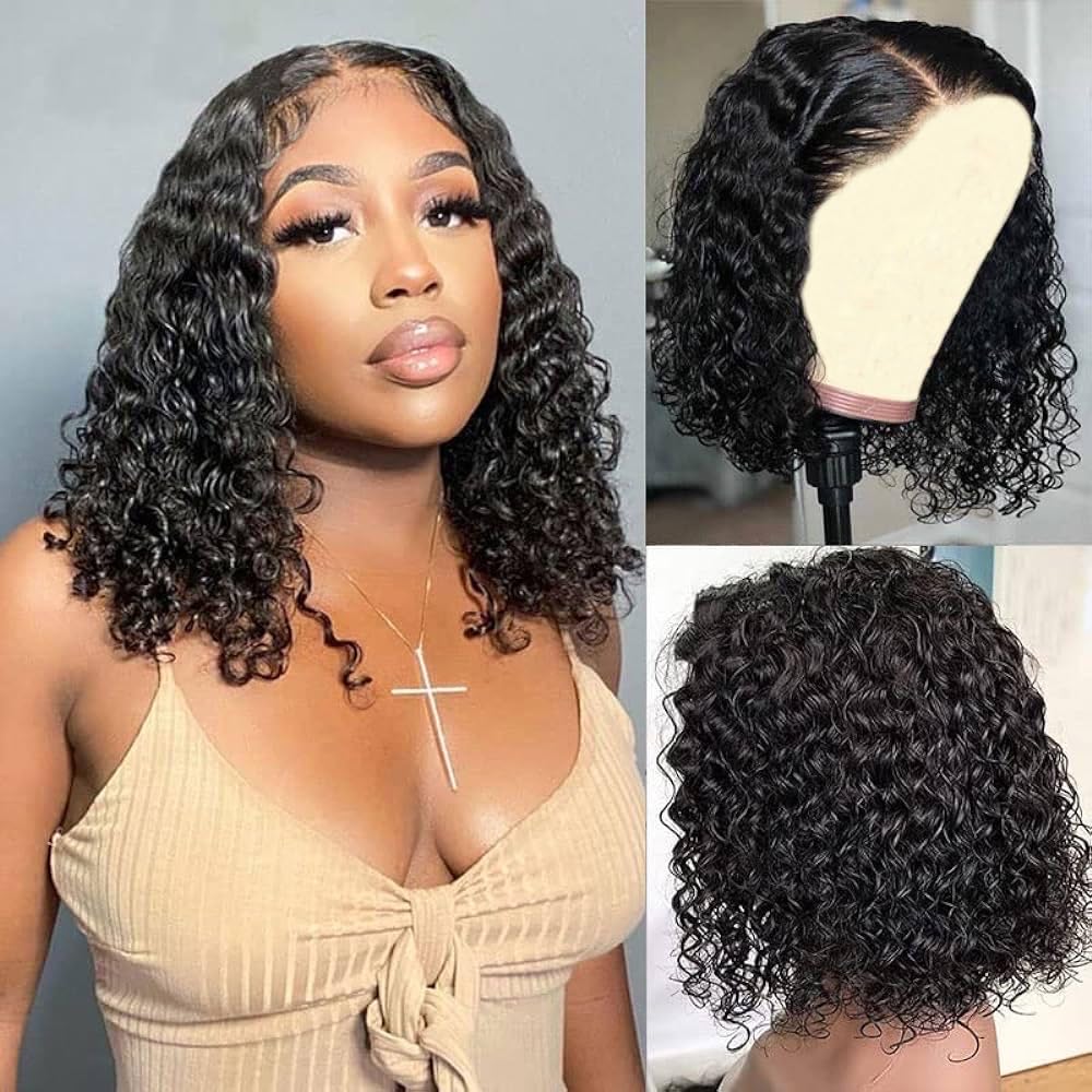 Wear and Go Glueless Wigs Human Hair Pre Plucked Pre Cut Deep Wave Curly Bob Wig for Black Women 4x4 Lace Closure Human Hair Bob Wigs Glueless 14 Inch