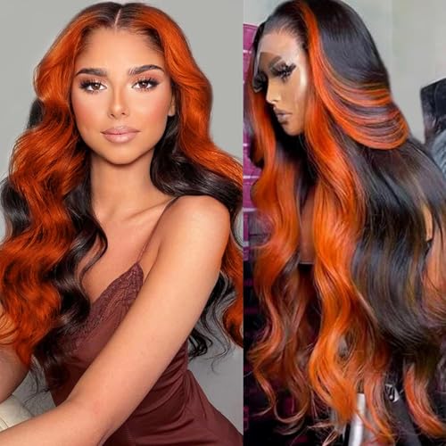 Ginger Orange Ombre 13x6 Lace Front Wigs Human Hair Skunk Strip 200% Density Body Wave Ginger Colored Human Hair Wig Ombre Pre Plucked HD Transparent Lace Frontal Colored Wig For Women 26 Inch