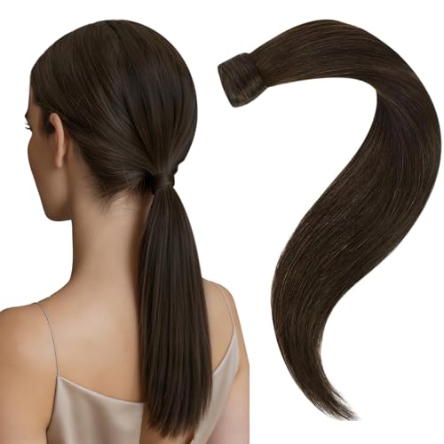 Easyouth Brown Ponytail Extension Human Hair Straight Pony Tails Hair Extensions Human Hair Dark Brown Wrap Around Ponytail Extension Soft and Silky 14In 70g