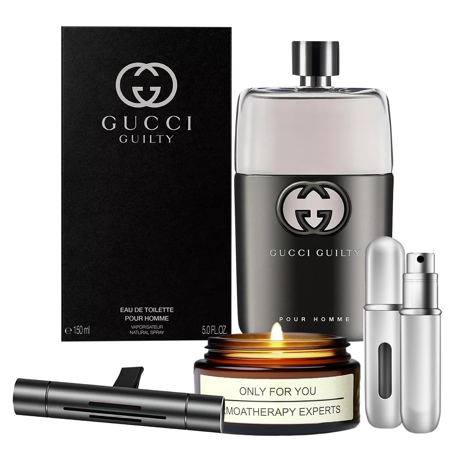 Guilty for men | 5.0 oz EDT Spray Gift Set with Lavender Soy Candle, Car Air Fresheners, and Empty Travel Perfume Atomizer perfect kit for Men & Boys