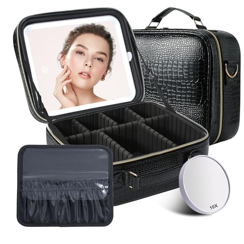 Mocado Travel Makeup Bag with LED Lighted Mirror, Travel Makeup Organizer, Makeup Case with 3 Color Lighted Setting and 10x Magnifying Mirror, Portable Storage and Adjustable Dividers (Crocodile)