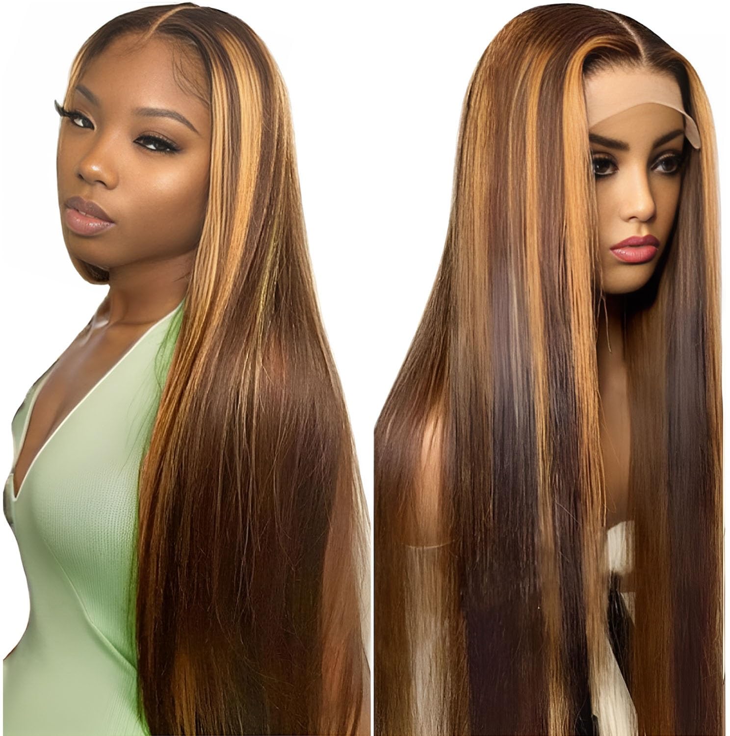 Ombre Highlight Lace Front Wig Human Hair 180% Density Honey Blonde Lace Front Wig Straight 13x4 Transparent Lace Glueless Wig 4/27 Colored Wig Pre Plucked Lace Frontal Wigs 22 Inch
