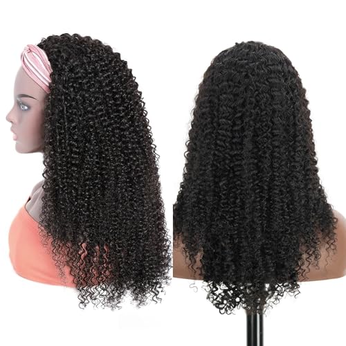 XSY Curly Headband Wig Human Hair Kinky Curly Human Hair Wigs 28 Inch Brazilian Virgin Headband Wig Machine Made None Lace Front Wigs for Black Women 150% Density Natural Color