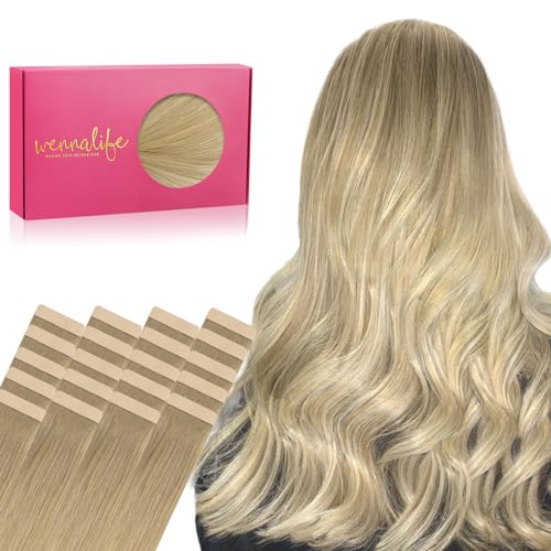 WENNALIFE Tape in Hair Extensions Human Hair, 20pcs 50g 20 inch Balayage Dirty Blonde to White Blonde Remy Hair Extensions Straight Human Hair Tape in Extensions Skin Weft Tape Extensions Human Hair