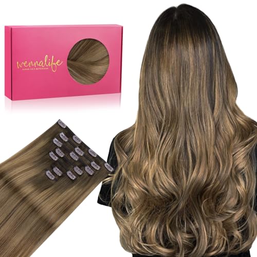 WENNALIFE Clip in Hair Extensions - Real Human Hair, 16 Inch 120g 7pcs, Light Ash Brown to Warm Chocolate Highlighted Caramel Blonde