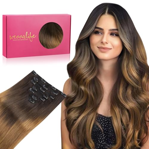 WENNALIFE Clip in Hair Extensions Real Human Hair, 14 Inch 120g 7pcs Human Hair Extensions Clip In Human Hair, Ombre Dark Brown to Light Chestnut Brown Clip In Real Hair Coloured Remy