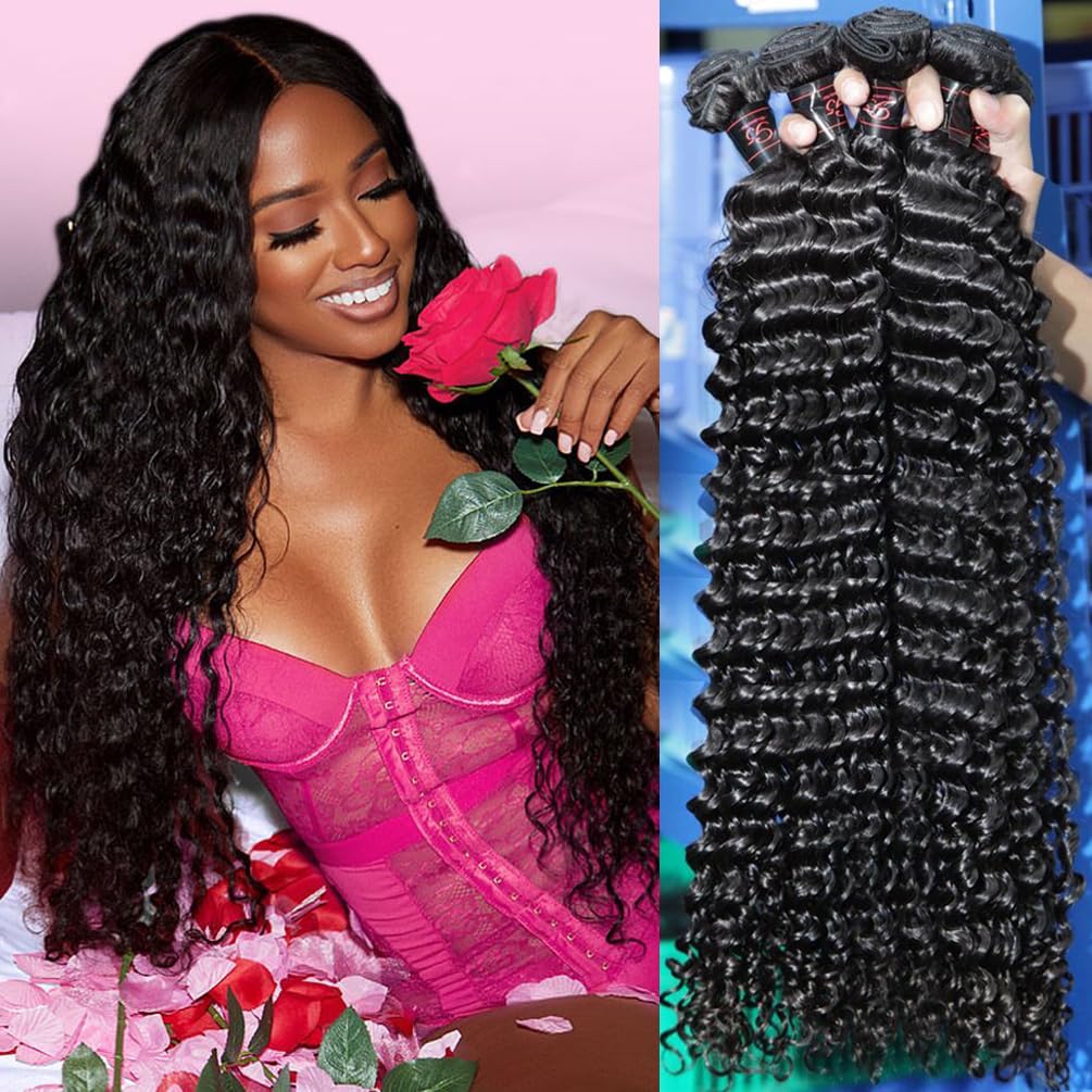 Beafay Hair 3 Bundles(20 22 24) Human Hair Brazilian Hair Deep Wave Bundles 100% Unprocessed Virgin Deep Wave Human Hair Bundles for Black Women Curly Hair Extensions Natural Color