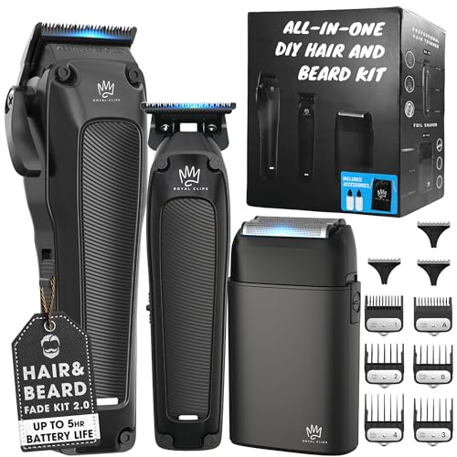 Royal Clips Hair and Beard Fade Kit 2.0  Professional Clipper, Trimmer & Foil Shaver Bundle for Men, Complete Haircut Set for Barbers, Home Use & Grooming  5-Hour Battery, 10pcs Limit Combs - Black
