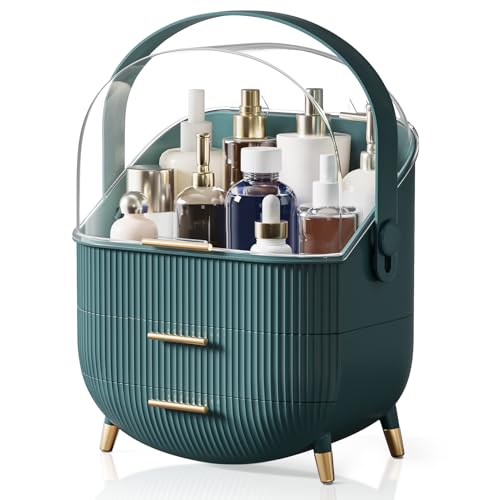 Makeup Organizers, Make Up Organizer for Vanity, Countertop Cosmetic Storage with Drawers and Transparent Cover for Bedroom Bathroom, Green