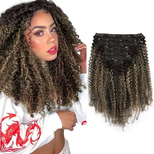 Sassina 4B Afro Curly Clip ins Human Hair Double Weft Hair Clip in Extensions Natural Black to Strawberry Blonde Curly Clip ins for African American Women7 Pcs with 17 Clips 18 Inch 120 Grams...