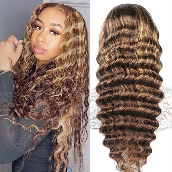 4/27 Deep Wave Lace Front Wigs Human Hair Honey Blonde Highlight Ombre Wigs Human Hair for Women 13x4 HD Transparent Lace Frontal Wigs Pre Plucked with Baby Hair 180 Density 26 Inch