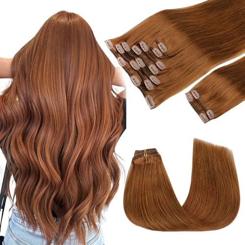 GOO GOO Clip in Hair Extensions Real Human Hair, Remy Human Hair Extensions Clip ins for Women, Natural Human Hair, 14inch 150g 9Pcs, 350 Copper