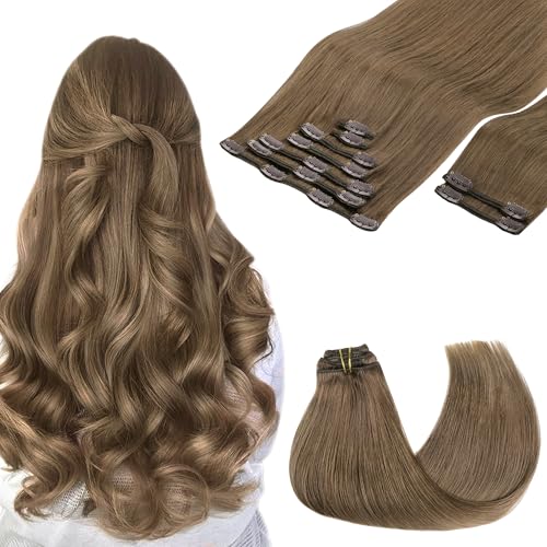 GOO GOO Clip in Hair Extensions Real Human Hair, Remy Human Hair Extensions Clip ins for Women, Natural Human Hair, 14inch 150g 9Pcs, 5 Light Ash Brown