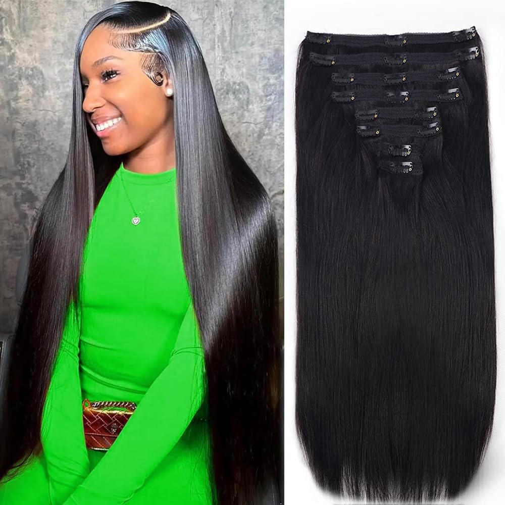 Straight Clip in Hair Extensions Real Human Hair 8Pcs Remy Human Hair Clip ins for Women, Natural Soft Human Hair, 120g 32inch #1B Natural Black