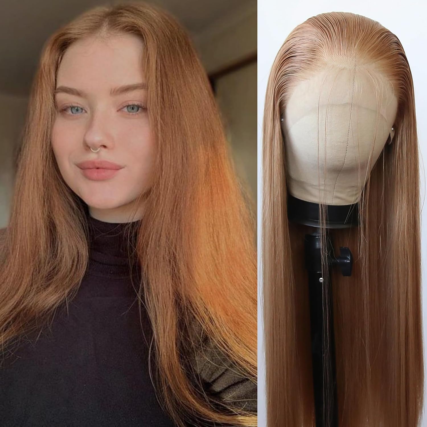 BTWTRY Strawberry Blonde Wig Long Straight Strawberry Blonde Lace Front Synthetic Wigs Pre Plucked Natural Hairline for Black Women Heat Resistant Fiber Hair Cosplay Daily Wear Wig (Strawberry Blonde)