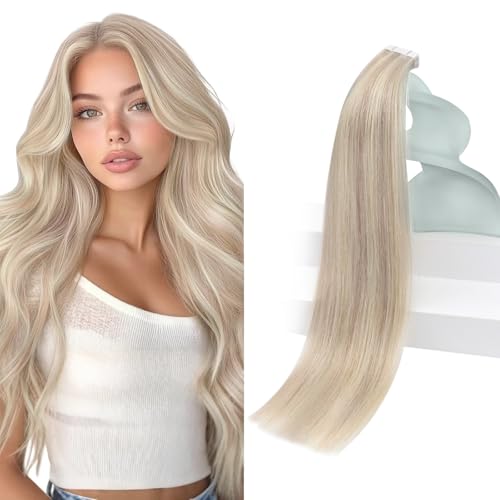 Sunny Hair Tape in Hair Extensions Real Human Hair Invisible Remy Hair Extensions Tape ins for Women Ash Blonde Highlight Bleach Blonde with Pink Hue 24 inch 20Pcs 50G