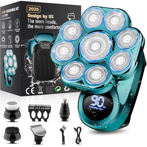 9D Electric Head Shaver for Bald Men, Upgraded 5-in-1 Waterproof Wet/Dry Grooming Kit Electric Shaver for Men, Cordless Rechargeable Bald Head Razor for Home&Travel