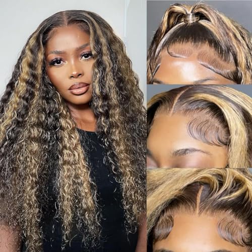 bangjazz 32 Inch 13x4 HD Lace Front Wigs Human Hair 180% Density 1b/27 Balayage Deep Wave Lace Frontal Wigs Blonde with Black Colored Lace Front Wig Human Hair Pre Plucked for Black Women Glueless Wig